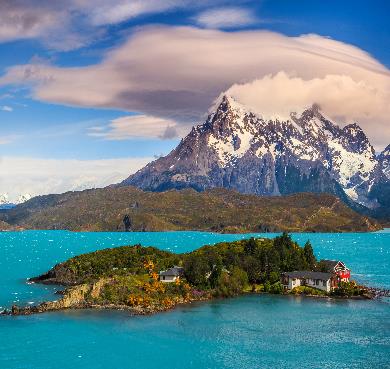 Chile  sky mountain outdoor water nature landscape snow cloud canyon lake overlooking clouds surrounded hillside island